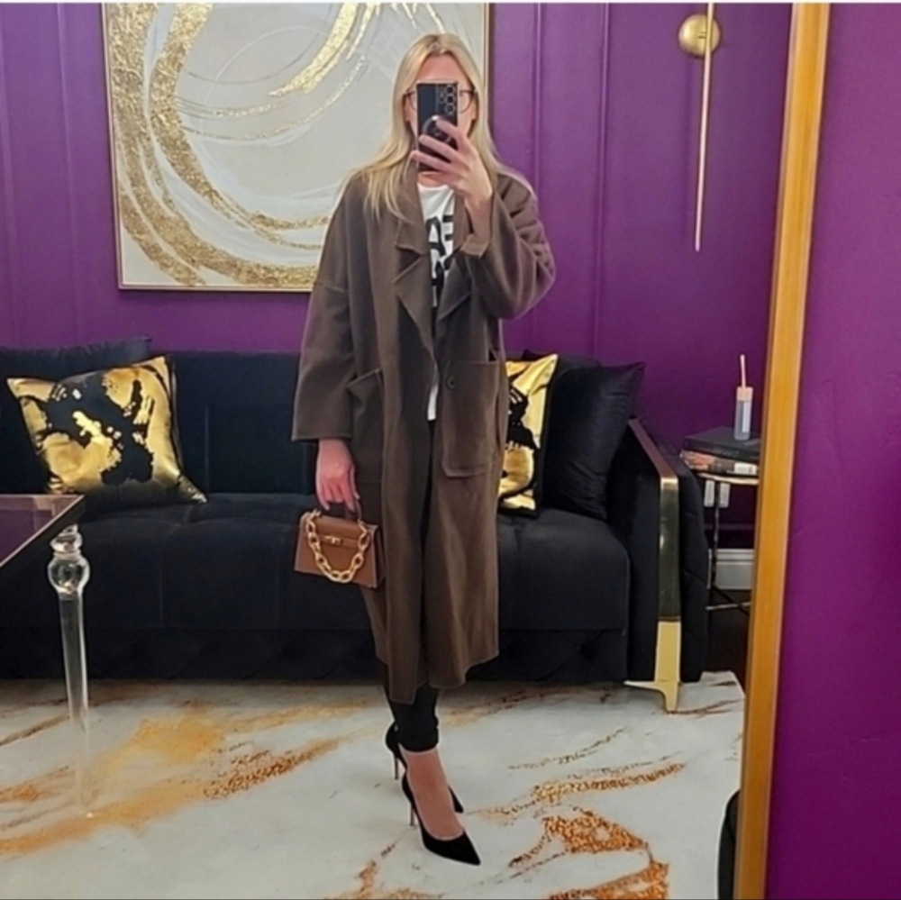 Brown Long Coat with Chain Bag